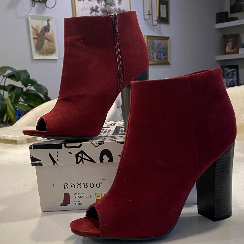 BAMBOO Women's Burgundy Peep-Toe Ankle Booties
